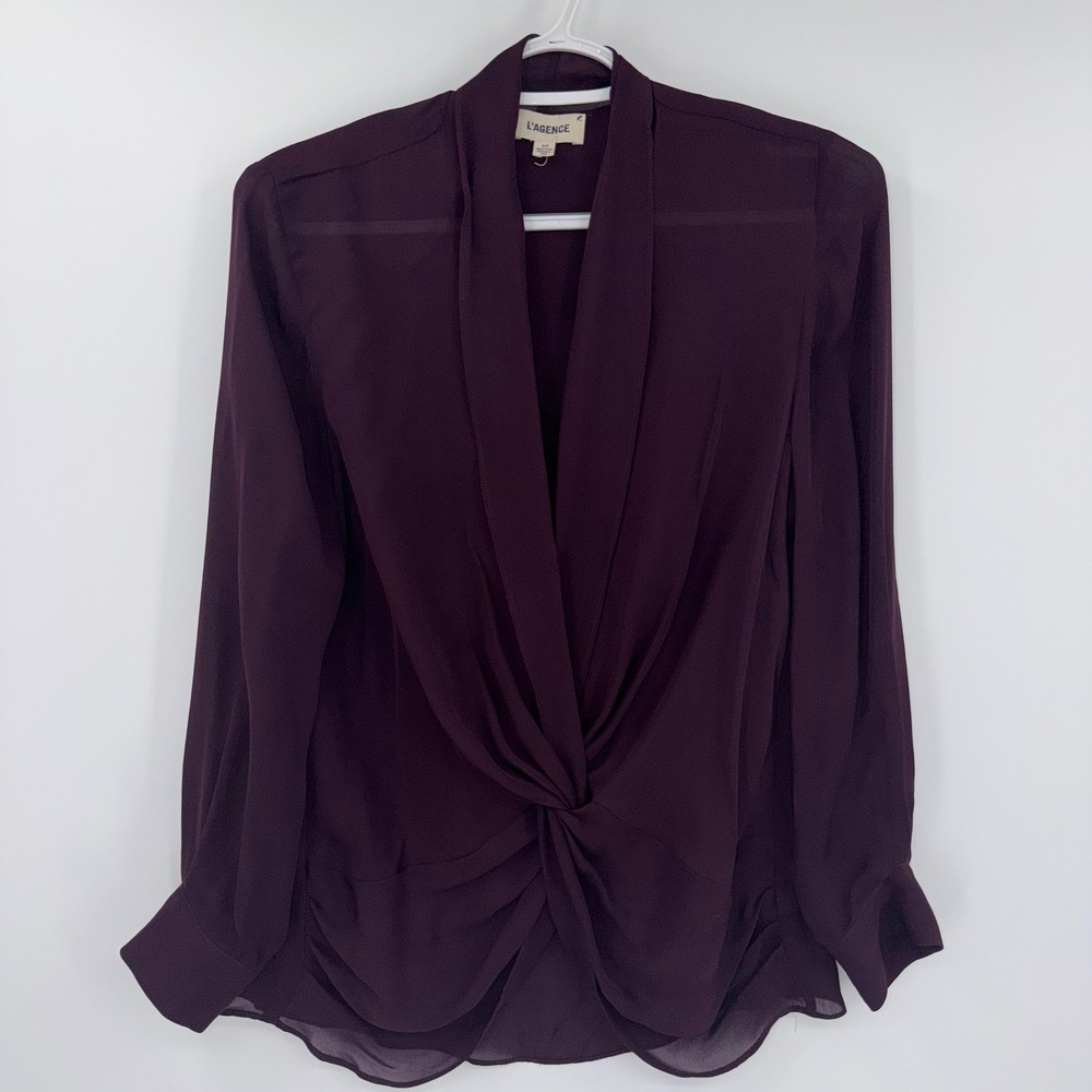 L'AGENCE Plum Purple Twist Front Deep V-Neck Long Sleeve Blouse Small